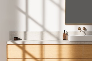 İçinde hafif ahşap kibir, beyaz lavabo ve mermer tezgahta sabun makinesi olan modern bir banyo. 3B Hazırlama