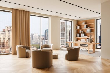 Bej koltukları, ahşap masası ve açık rafları olan modern ev ofisi, büyük pencereli parlak bir odada şehir manzarası sunuyor. Çağdaş tasarım. 3B Hazırlama.