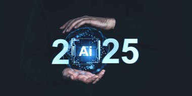 El ele tutuşan 2025 numara, ortasında yapay zeka sembolü olan koyu bir arkaplan. Teknoloji ve gelecek tahminleri