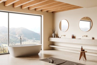 Minimalist serbest banyo küveti, yuvarlak aynalı çift lavabo ve manzaralı geniş bir pencerenin olduğu geniş modern bir banyo. 3B Hazırlama