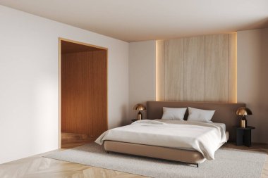 Modern minimalist yatak odası, bej bir yatak odası, ahşap panel duvarı, sıcak ışıklandırma, beyaz yatak örtüsü ve komodinli lambalar. Tarafsız tonlar, rahatlatıcı atmosfer. 3B Hazırlama.