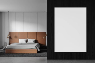 Kahverengi döşemeli bir yatak odası, beyaz yastıklar, kolye aydınlatması ve siyah ahşap bir duvarda büyük beyaz bir çerçeve. Minimalist iç tasarım kavramı. 3B Hazırlama.