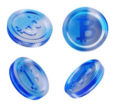 Farklı açılarda sergilenen dört mavi Bitcoin sikke, parlak metalik doku, beyaz zemin. Kripto para ve sanal finans kavramı. 3B Hazırlama.