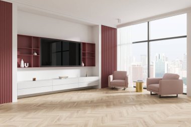 Pembe sandalyeli parlak modern oturma odası, gösterişli TV ünitesi, ahşap döşeme, geniş pencereli şehir manzarası. Minimalist ev dekorasyonu kavramı. 3B Hazırlama.