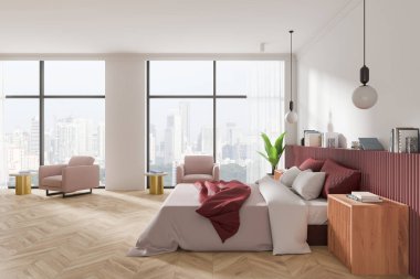 Zarif yatak odası, çağdaş tarz, büyük pencereler, güneşli şehir manzarası, rahat mobilyalar, tarafsız tonlar, sıcak ışıklandırma, konfor konsepti. 3B Hazırlama.