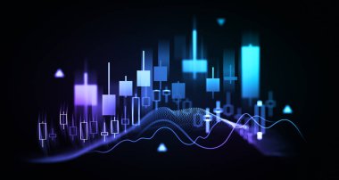 Parlayan mavi ve mor çubuklar, dalga desenleri ve koyu arkaplanda geometrik şekiller içeren üç boyutlu finans piyasası çizelgesi. Ticaret, analiz ve teknoloji kavramı