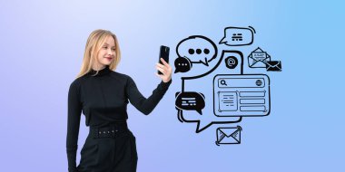 Mesajlar ve e-postalar gibi yüzen iletişim simgelerine sahip akıllı telefonu olan bir kadın mavi eğimli bir arkaplanda, bağlantıyı sembolize ediyor.