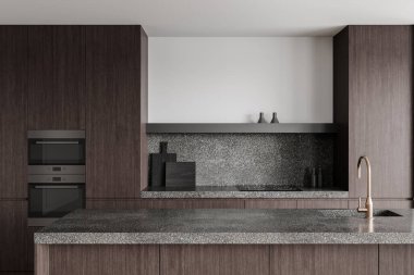 Karanlık ahşap dolaplar, terrazzo tezgahı ve arka sıçrama içeren çağdaş mutfak tasarımı. Beyaz duvar arkaplanı olan minimalist bir dekor. 3B Hazırlama.