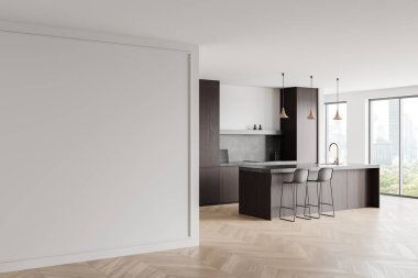 Karanlık ahşap dolapları, kolye lambaları ve ahşap döşemesi olan çağdaş bir mutfak. Büyük pencerelerden görünen şehir manzarası; modern tasarım. 3B Hazırlama