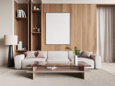 Modern oturma odası bej kanepe, ahşap panel duvar, cam tepeli sehpa ve nötr dekor. Sıcak bir ortam ve zarif bir tasarım. 3B Hazırlama