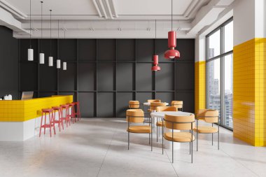 İçinde sarı fayanslar, kırmızı kolye ışıkları, minimalist mobilyalar ve şehre bakan büyük pencereler bulunan çağdaş bir kafe. 3B Hazırlama