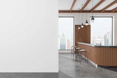 Ahşap paneller, minimalist tabureler, kolye ışıkları ve şehir manzarasını gösteren büyük pencerelerle çağdaş bar iç mimarisi. Modern bir tasarımın 3B görüntülemesi