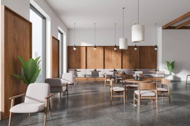 İçi ahşap sandalyeler, masalar, gri koltuklar, yeşil bitkiler ve şık ışıklandırmalarla dolu geniş bir kafe. Parlak zeminde minimalist tasarım. 3B Hazırlama.