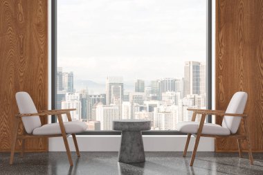 İki ahşap koltuğu ve beton masası olan modern iç mekan, geniş pencereli şehir silueti, tahta panel duvarlar, rahatlama konsepti. 3B Hazırlama.