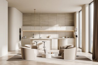 Modern mutfak iç dekorasyonu bej renkler, şık dolaplar, ada barı ve rahat oturma alanı. Minimalist tasarım ve büyük pencerelerden gelen doğal ışık. 3B Hazırlama