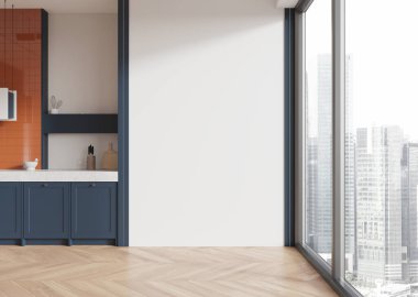 Mavi dolaplı çağdaş mutfak, turuncu arka kaplama, büyük cam pencereler, tahta döşeme, beyaz duvarlar, modern şehir apartmanı konsepti. 3B Hazırlama.