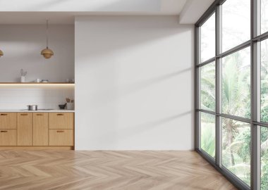 Minimalist mutfak, ahşap dolaplar, büyük pencereler ve boş duvar. Güneş ışığı içeri giriyor, doğal arka plan dışarı. Model ya da iç dizayn konsepti için ideal. 3B Hazırlama.
