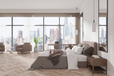 Geniş pencereli, doğal tonlu ve rahat mobilyalı modern bir yatak odası. Gökyüzü manzaralı, parlak, havadar bir yer. Çağdaş ev tasarımı kavramı. 3B Hazırlama.