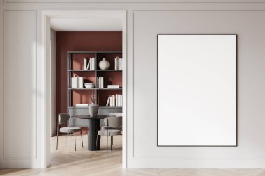 Boş bir duvar iskeleti, minimalist mobilyaları ve kırmızı aksanlı duvarı olan zarif bir iç tasarım. Yaratıcılık ve ilham için mükemmel bir yer. 3B Hazırlama