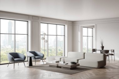 Modern mobilyaların olduğu şık bir oturma odası, şehir manzarasına bakan geniş pencereler, ve parlak tarafsız bir arkaplanda minimalist dekor. 3B Hazırlama.