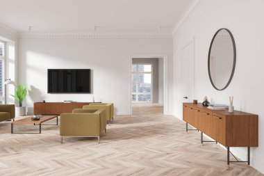 Şık, modern oturma odası ahşap mobilyalar, yeşil sandalyeler ve zarif ahşap bir standın üzerinde büyük bir televizyon. Pencerelerden gelen parlak doğal ışık, çağdaş estetik. 3B Hazırlama.