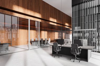 Çağdaş ofis içinde cam bölümler, tahta duvar panelleri ve ergonomik sandalyeler var. Modern mobilyalar ve açık oda tasarımı. İş alanı kavramı. 3B Hazırlama.