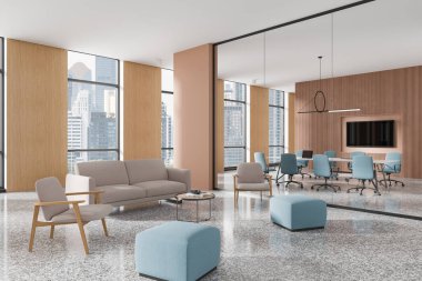 Minimalist mobilyalar, nötr tonlar ve açık mavi aksanlı geniş modern ofis içi. Şehir manzarası geniş pencereler ardında, çalışma alanı tasarımı konsepti. 3B Hazırlama