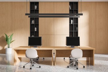 Ahşap mobilyaları, parlak monitörleri, ışıklı sandalyeleri ve saksısı olan çağdaş ofis alanı. Parlak bir arka plan. Modern tasarım kavramı. 3B Hazırlama.