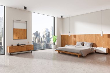 Tahta aksanlı şık bir yatak odası, minimalist bir tasarım, çift kişilik bir yatak ve büyük şehir manzaralı pencereler. Modern kentsel yaşam kavramı, 3 boyutlu oluşturma
