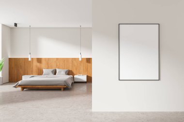 Modern yatak odası, sade ahşap yatak odası, asılı ışıklar ve beyaz duvarda boş dikdörtgen çerçeveli poster. Tarafsız ses tonları. Minimalizm kavramı. 3B Hazırlama.