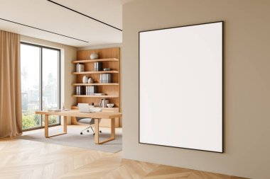 Modern ofiste boş bir poster modeli. Arkaplanda raf ve dekor olan ahşap masa. Kenar manzaralı büyük bir pencere. 3B Hazırlama