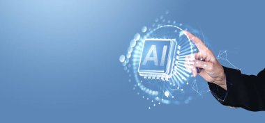 Takım elbiseli bir el, mavi arka planda dijital bağlantılarla çevrili parıldayan bir yapay zeka hologramını işaret ediyor.