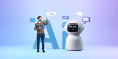 Elinde tablet tutan bir adam gülümseyen bir robota el hareketi yapıyor. Konuşma baloncukları, yapay zeka iletişimini temsil eden mavi-mor bir arkaplan üzerinde yüzerler.