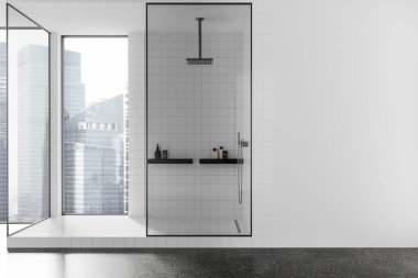 Minimalist banyo duş düzeneği beyaz fayanslar ve cam kapılar şehir manzaralı büyük pencereler, temiz tasarım, modern konsept, 3D oluşturma