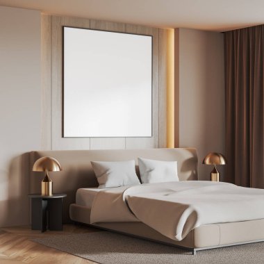 Zarif yatak odası, bej yatak odası, altın lambalar, ahşap panel duvar ve sıcak ışıklandırma. Minimalist tasarım, rahat atmosfer, modern konsept. 3B Hazırlama.