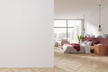 Ahşap zeminli modern yatak odası, şık mobilyalar, kırmızı aksanlı, şehir manzarasını gösteren geniş pencereli. Parlak, minimalist dekor konsepti, kapalı mekan tasarımı. 3B Hazırlama.