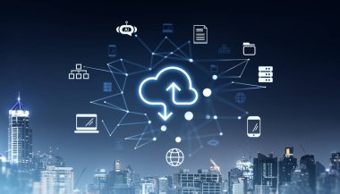 Gece Bangkok şehir silueti üzerinde ağ sembolleriyle çevrili okları olan bulut simgesi, veri depolama ve çevrimiçi hizmetleri temsil ediyor