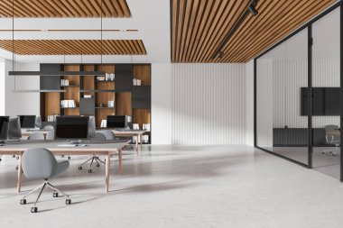 Ahşap tavan panelleri, minimalist masalar ve parlak arka planda cam bölümleri olan çağdaş açık alan ofis içi. İş konsepti. 3B Hazırlama.
