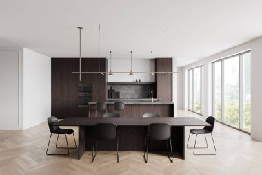 Çağdaş mutfak ve yemek alanında parlak ahşap mobilyalar, minimalist kolye ışıkları ve büyük parlak pencereler var. Modern konsept. 3B Hazırlama.