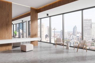 Ahşap paneller, beyaz mobilyalar ve çarpıcı şehir manzarası sunan büyük pencereli lüks minimalist iç mekan. 3B Hazırlama