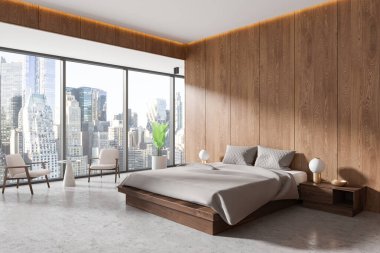 Modern yatak odasında ahşap panelli duvarlar, şehir manzarasını gösteren büyük pencereler, minimalist mobilyalar ve yumuşak ışıklandırma bulunuyor. Çağdaş yaşam kavramı. 3B Hazırlama.