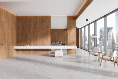 Ahşap panel duvarları, yüzen bir masası, minimalist mobilyaları ve panoramik şehir manzarası olan çağdaş bir iç mekan. Parlak ve zarif bir kavram. 3B Hazırlama.