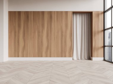 Ahşap kaplama ve simge döşeme tasarımı, ışık perdesi, minimalist stil ve doğal tonlarla modern iç mekan. Parlak şehir manzarası. 3B Hazırlama.