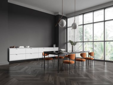 Turuncu sandalyeli şık bir yemek odası ve gösterişli bir masa. Geniş pencereler, gri duvarlar ve modern büfe. 3B Hazırlama