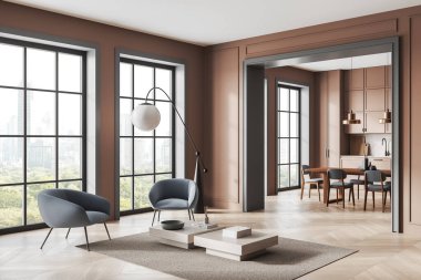 Sandalyeleri, kahve masası, zemin lambası ve yeşil pencerelere bakan pencerelerle çevrili açık yemek salonu. 3B Hazırlama