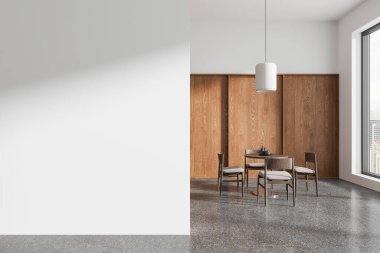 Ahşap masası, sandalyeleri ve paneli olan modern yemek alanı, parlak bir zemin, geniş bir pencere, minimalist tasarım, parlak ve havadar iç mekan, 3D