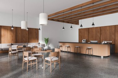 Ahşap masalar, sandalyeler, bej duvarlar, asılı ışıklar ve tavan lambalarıyla aydınlatılmış modern bir bar tezgahı olan uçsuz bucaksız bir kafe. 3B Hazırlama.