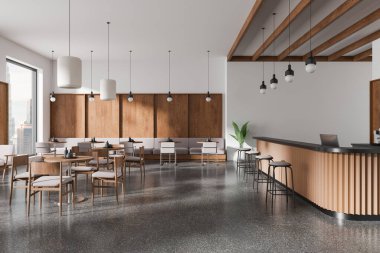 Ahşap masalar, sandalyeler, tavan kirişleri, kolye ışıkları ve terrazzo döşemeleri olan şık bir kafe. Parlak şehir ortamında hoş geldin atmosferi sunuyor. 3B Hazırlama.