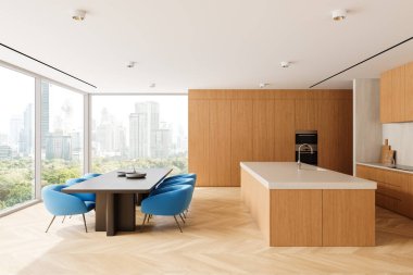 Ahşap dolaplı modern mutfak, ada, yemek masası ve mavi sandalyeli, büyük cam pencereli şehir manzaralı, ev dekorasyonu konsepti, 3D