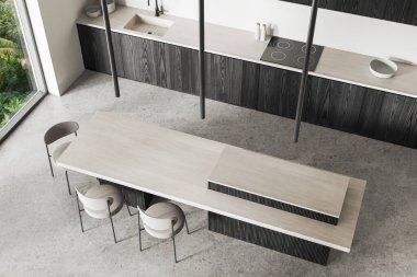 Günümüz mutfağında açık bej tezgah, koyu ahşap dolaplar, oturma sandalyeleri ve büyük pencereler var. Minimalist bir kavram. 3B Hazırlama